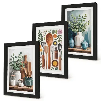 Tríptico enmarcado de accesorios de cocina con plantas de estilo moderno