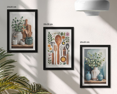 Tríptico enmarcado Accesorios de cocina con plantas de estilo moderno.