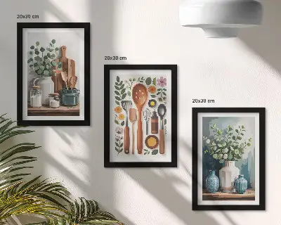 Tríptico enmarcado de accesorios de cocina con plantas de estilo moderno