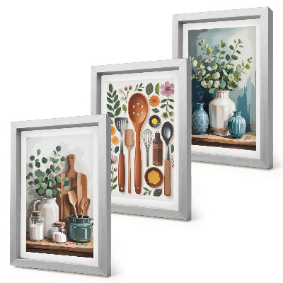 Tríptico enmarcado Accesorios de cocina con plantas de estilo moderno.