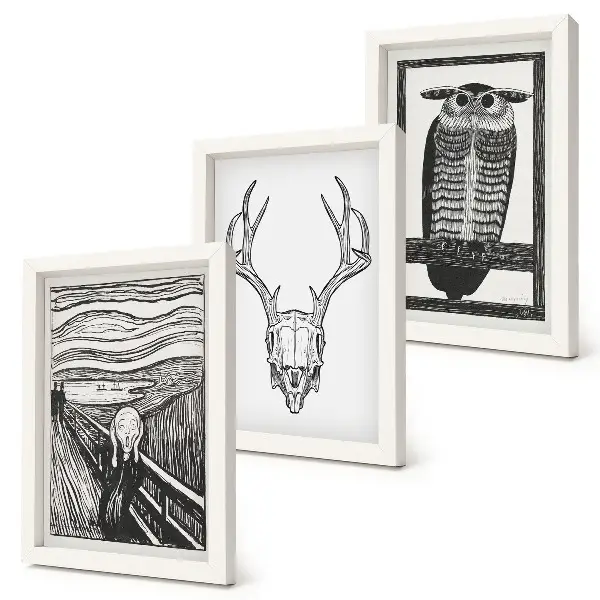 Juego de 3 cuadros decorativos con diseño inspirado en El Grito que integra una calavera y un búho en estilo gráfico
