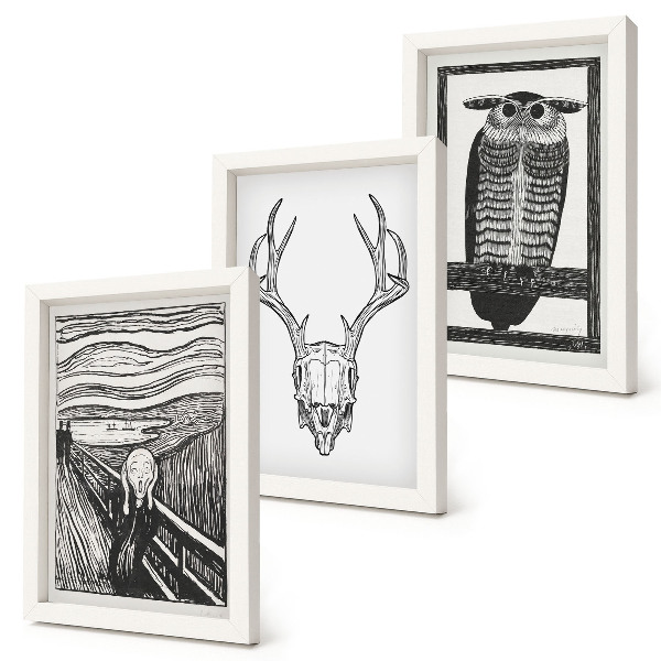 Juego de 3 cuadros decorativos Inspirado en la imagen de El Grito con una calavera y un búho en un estilo gráfico.