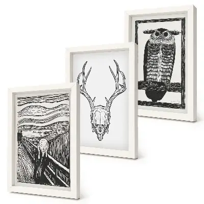 Juego de 3 cuadros decorativos con diseño inspirado en El Grito que integra una calavera y un búho en estilo gráfico
