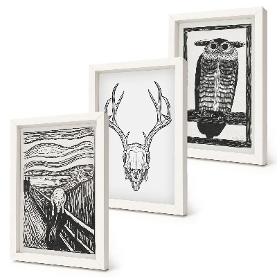 Juego de 3 cuadros decorativos Inspirado en la imagen de El Grito con una calavera y un búho en un estilo gráfico.