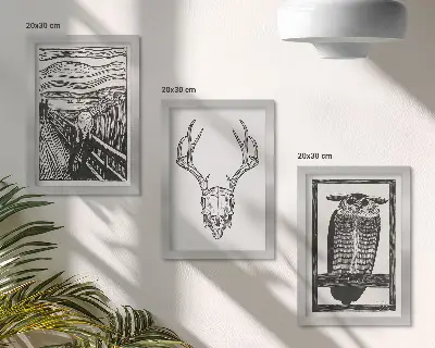 Juego de 3 cuadros decorativos con diseño inspirado en El Grito que integra una calavera y un búho en estilo gráfico