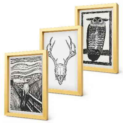 Juego de 3 cuadros decorativos con diseño inspirado en El Grito que integra una calavera y un búho en estilo gráfico
