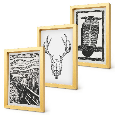 Juego de 3 cuadros decorativos Inspirado en la imagen de El Grito con una calavera y un búho en un estilo gráfico.