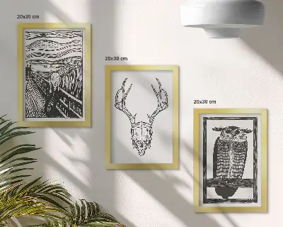 Juego de 3 cuadros decorativos con diseño inspirado en El Grito que integra una calavera y un búho en estilo gráfico
