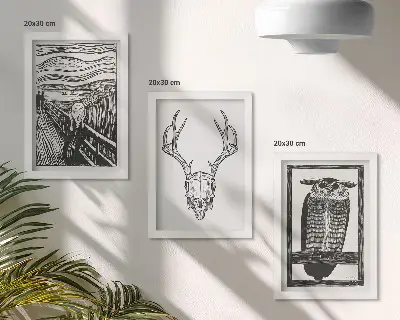 Juego de 3 cuadros decorativos con diseño inspirado en El Grito que integra una calavera y un búho en estilo gráfico