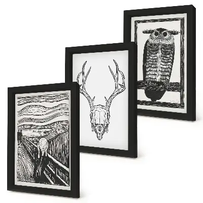 Juego de 3 cuadros decorativos con diseño inspirado en El Grito que integra una calavera y un búho en estilo gráfico