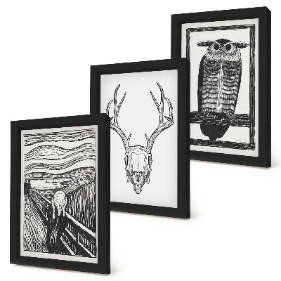 Juego de 3 cuadros decorativos Inspirado en la imagen de El Grito con una calavera y un búho en un estilo gráfico.