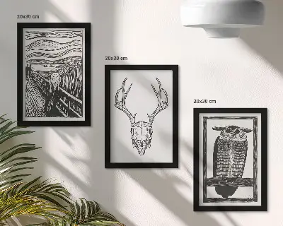 Juego de 3 cuadros decorativos con diseño inspirado en El Grito que integra una calavera y un búho en estilo gráfico