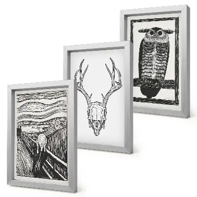 Juego de 3 cuadros decorativos con diseño inspirado en El Grito que integra una calavera y un búho en estilo gráfico