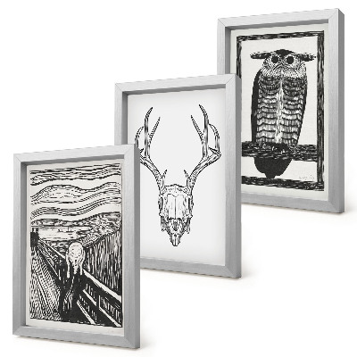 Juego de 3 cuadros decorativos Inspirado en la imagen de El Grito con una calavera y un búho en un estilo gráfico.