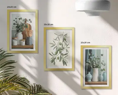 Tríptico enmarcado con estética de aceitunas verdes y ramas de eucalipto