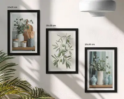 Tríptico enmarcado con estética de aceitunas verdes y ramas de eucalipto