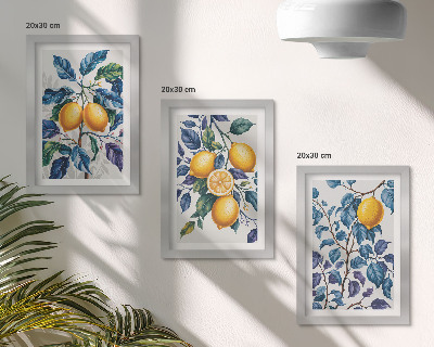 Juego de 3 cuadros decorativos Limones en ramas con hojas azules