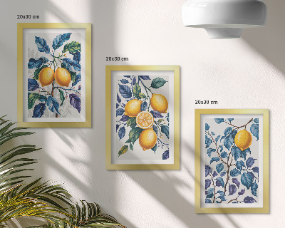 Juego de 3 cuadros decorativos Limones en ramas con hojas azules