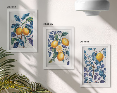 Juego de 3 cuadros decorativos Limones en ramas con hojas azules