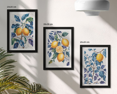 Juego de 3 cuadros decorativos Limones en ramas con hojas azules