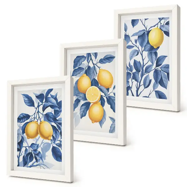 Limones en ramas con hojas azules tríptico enmarcado