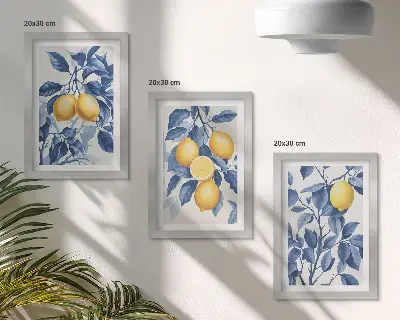 Limones en ramas con hojas azules tríptico enmarcado