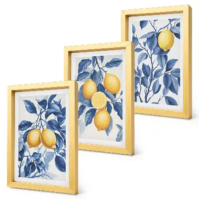 Limones en ramas con hojas azules tríptico enmarcado