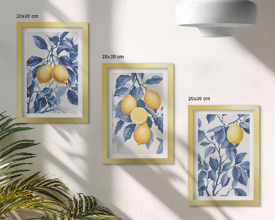 Tríptico enmarcado Limones en ramas con hojas azules