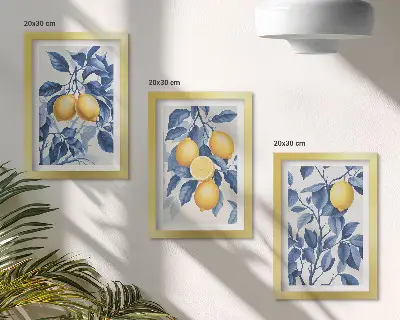 Limones en ramas con hojas azules tríptico enmarcado