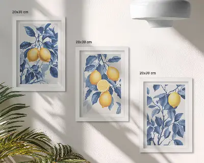 Limones en ramas con hojas azules tríptico enmarcado