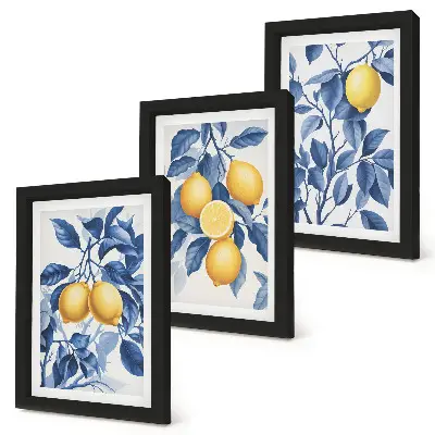 Limones en ramas con hojas azules tríptico enmarcado