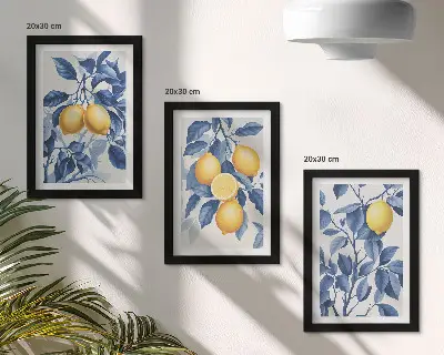 Limones en ramas con hojas azules tríptico enmarcado