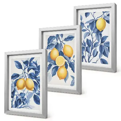 Limones en ramas con hojas azules tríptico enmarcado