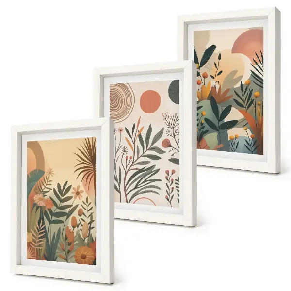 Juego de 3 cuadros decorativos con motivos vegetales en colores apagados y círculos