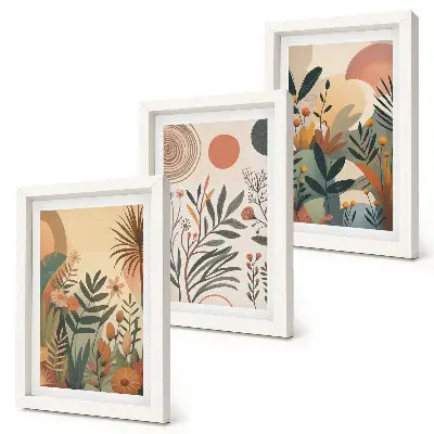 Juego de 3 cuadros decorativos con motivos vegetales en colores apagados y círculos