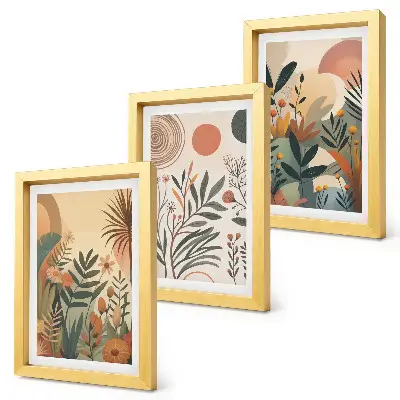 Juego de 3 cuadros decorativos con motivos vegetales en colores apagados y círculos