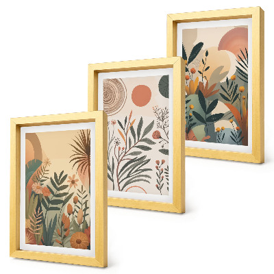 Juego de 3 cuadros decorativos Motivos vegetales en colores apagados con círculos.