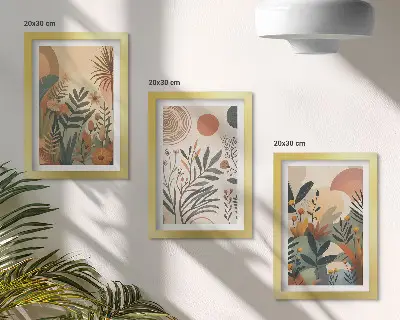 Juego de 3 cuadros decorativos con motivos vegetales en colores apagados y círculos