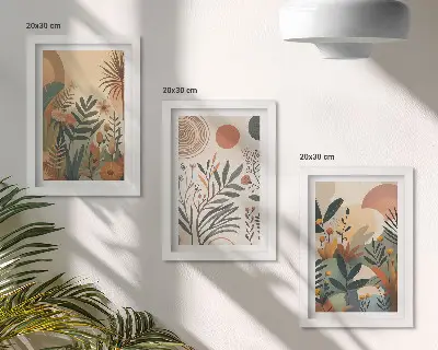 Juego de 3 cuadros decorativos con motivos vegetales en colores apagados y círculos