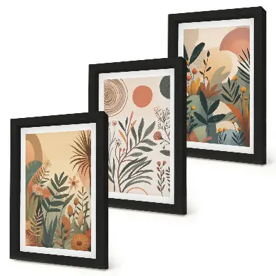 Juego de 3 cuadros decorativos con motivos vegetales en colores apagados y círculos