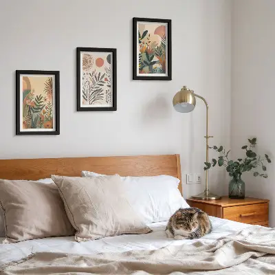 Juego de 3 cuadros decorativos con motivos vegetales en colores apagados y círculos