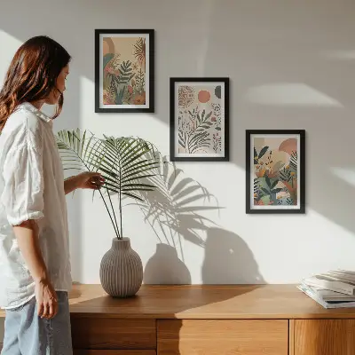 Juego de 3 cuadros decorativos con motivos vegetales en colores apagados y círculos