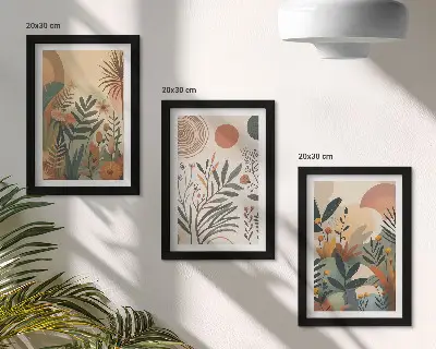 Juego de 3 cuadros decorativos con motivos vegetales en colores apagados y círculos