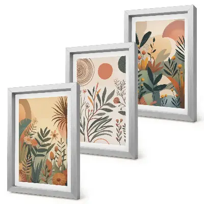 Juego de 3 cuadros decorativos con motivos vegetales en colores apagados y círculos