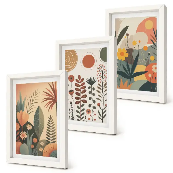 Juego de 3 cuadros decorativos con estampados bohemios de plantas en tonos cálidos y estilo natural