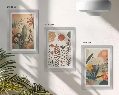 Juego de 3 cuadros decorativos con estampados bohemios de plantas en tonos cálidos y estilo natural