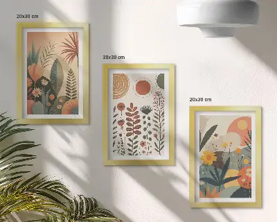 Juego de 3 cuadros decorativos con estampados bohemios de plantas en tonos cálidos y estilo natural