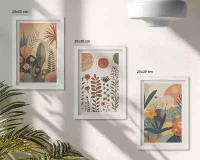 Juego de 3 cuadros decorativos con estampados bohemios de plantas en tonos cálidos y estilo natural