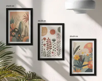 Juego de 3 cuadros decorativos con estampados bohemios de plantas en tonos cálidos y estilo natural