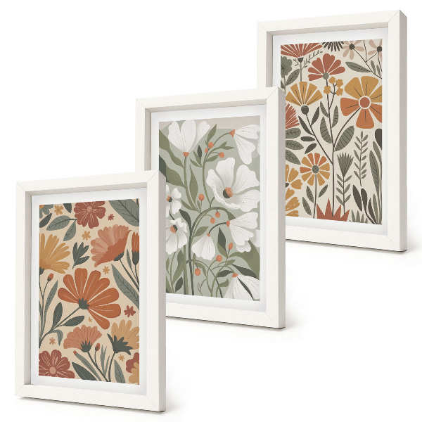 Tríptico enmarcado Estampados florales en tonos naranjas y verdes.